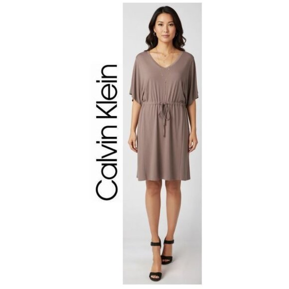 CALVIN KLEIN - Taupe pullover v-neck batwing dress with drawstring waist - Picture 1 of 10